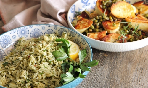 Potatoes with Peas and Rosemary and Herby Orzo