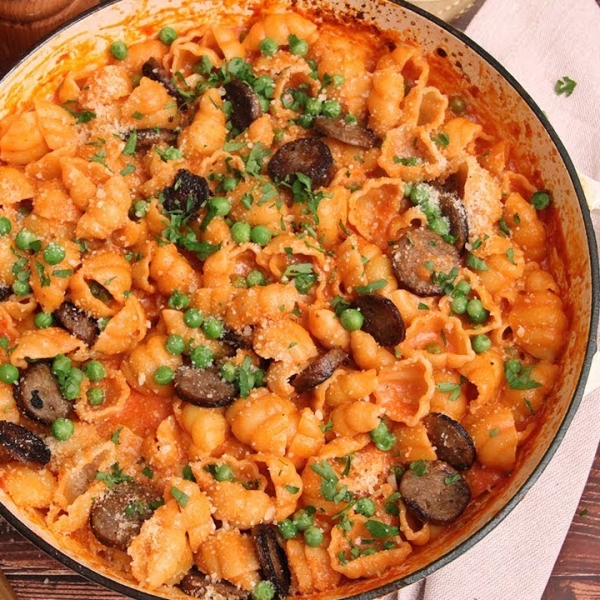 Pasta with Vodka Sauce Sausage and Peas 