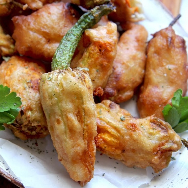 Stuffed Zucchini Flowers and Zucchini Fritters